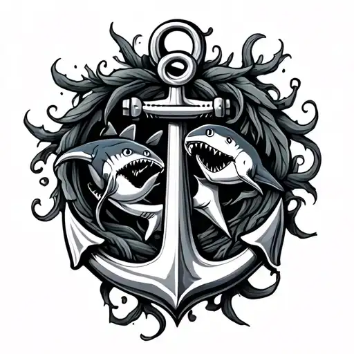 anchor with vines and sharks tattoo design idea