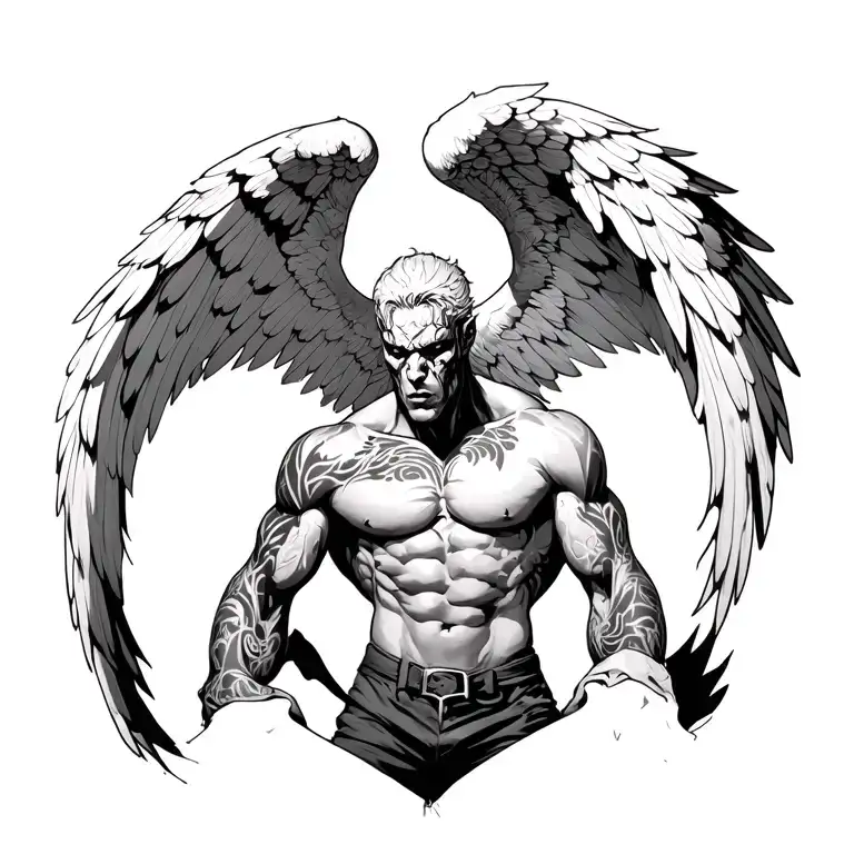 a black-and-white illustration of a muscular humanoid figure with large, detailed wings tattoo design idea