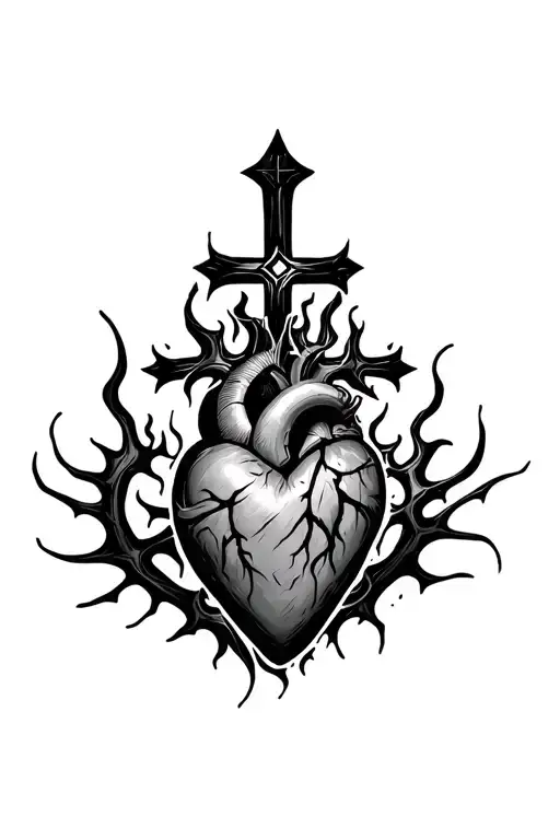 sacred heart with flames and cross, thorns around heart shape not the middle tattoo design idea