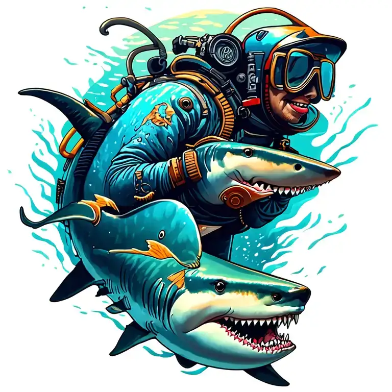 nautical underwater scene with colorful images featuring deep sea diver and sharks tattoo design idea