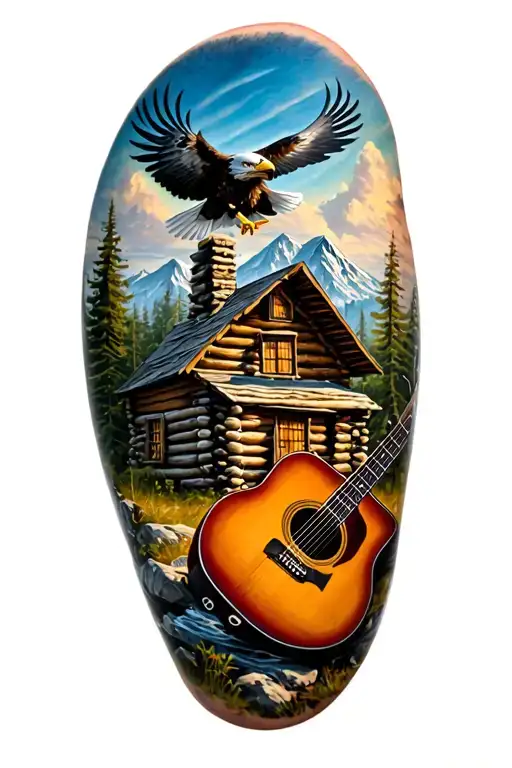 nature scene with log cabin up on a mountain with a bald eagle soaring in the sky with a acoustic guitar tattoo design idea