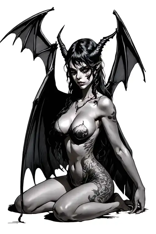 kneeling succubus bat wings nsfw tattoo design idea