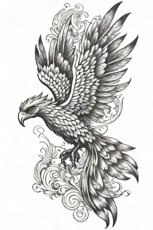 feminine and elegant flying phoenix with wings of fire and shades tattoo design idea