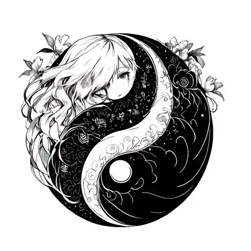 anime girls Ying yang symbol tattoo design idea