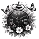 2 time clocks with flowers and butterflies in the background tattoo design idea