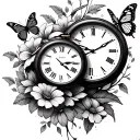 2 time clocks with flowers and butterflies in the background tattoo design idea