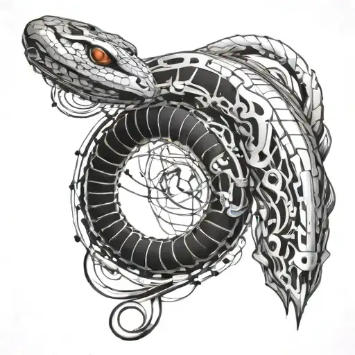 Tattoo for men, cyberpunk snake wrapping around arm, snake consists of sections connected by connectors, on its head it has 3 bionics tattoo design idea