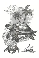 ocean, palm trees, turtle, dolphins, sun tattoo design idea