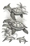 ocean, palm trees, turtle, dolphins, sun tattoo design idea