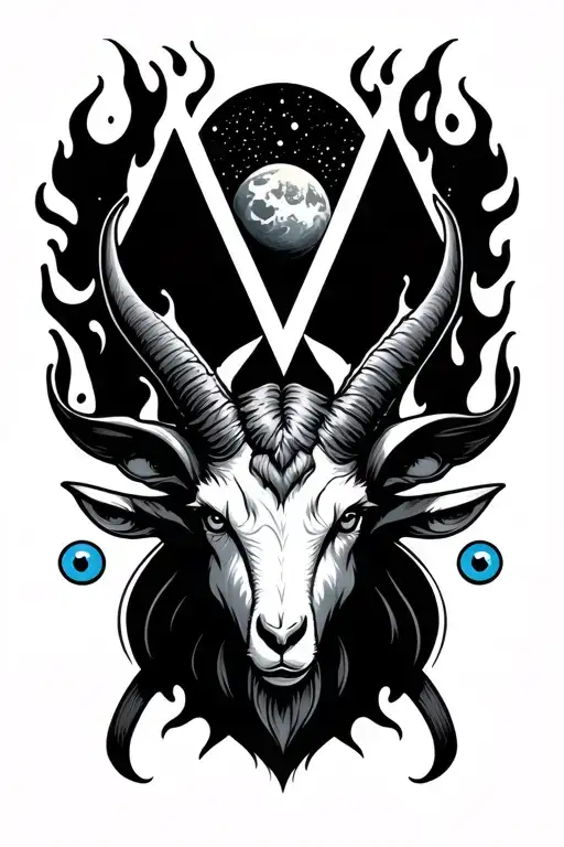 2 flaming triangles with an evil and mean goat head in the middle. the planet Mars and four blue eyes around it tattoo design idea