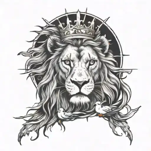 lion wearing a crown of thorns with doves flying up top with storms in the background  tattoo design idea