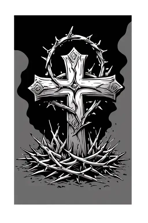a rustic cross coming out of the ground with a crown of thorns tattoo tattoo design idea