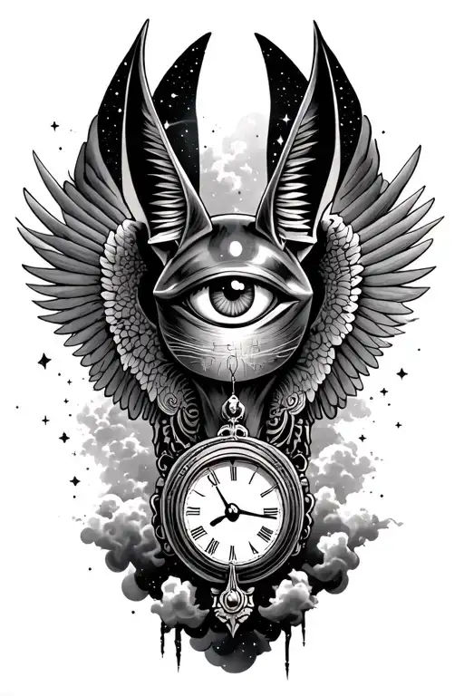 Space With Cosmic Dust Clouds, Anubis with clock in galexy And All Seeing Eye with wings Tattoo tattoo design idea