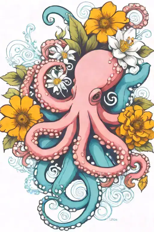 octopus, white snowdrop, rose,  marigold flower tattoo design idea