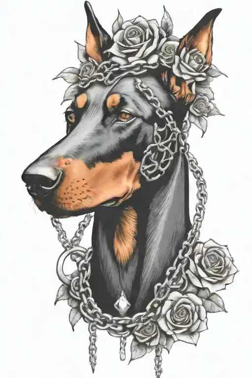 Doberman head with flowers and chains surrounded by thorns tattoo design idea
