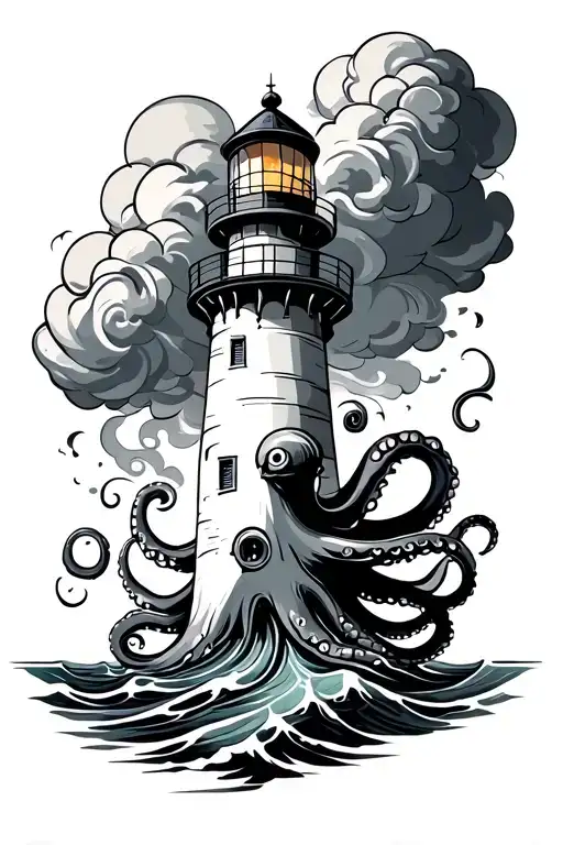lighthouse with octopus coming out of water and clouds  tattoo design idea