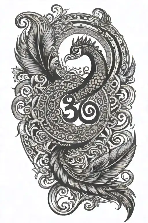 Hindu spiritual tattoo design with Trishul and Om, incorporating a peacock feather and Damaru" tattoo design idea