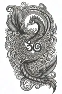 Hindu spiritual tattoo design with Trishul and Om, incorporating a peacock feather and Damaru" tattoo design idea