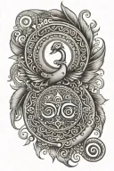Hindu spiritual tattoo design with Trishul and Om, incorporating a peacock feather and Damaru" tattoo design idea