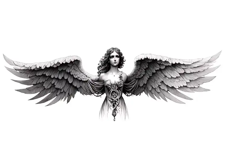 realistic black and grey beautiful angel tattoo design idea