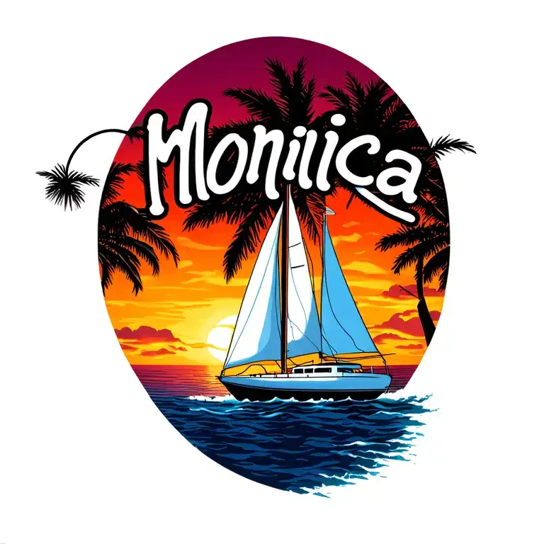 "Monica" white sailboat, background vibrant sunrise, small island palm background.  Bright colors no border tattoo design idea