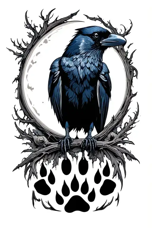 crow with crecent moon and wolf paw print tattoo design idea