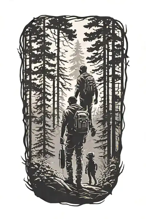 A father and son silhouette standing in a forest, showcasing the bond between generations and love for the outdoors tattoo design idea