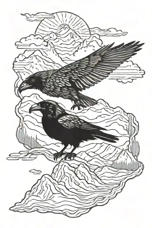 Raven mountain range tattoo design idea