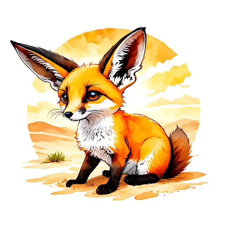 A playful fennec fox in a sunlit desert, glowing sand and big sky. Bold digital style, warm tones, energetic and golden. tattoo design idea