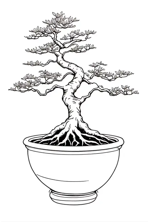 Bonsai tree, no pot, exposed fine roots, minimal foliage tattoo design idea