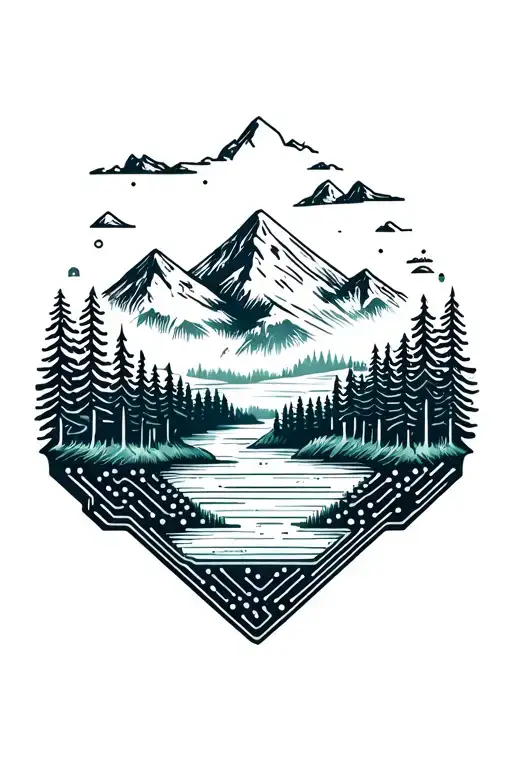 microchip circuit infused with forest with river flowing and  mountain in background  tattoo design idea