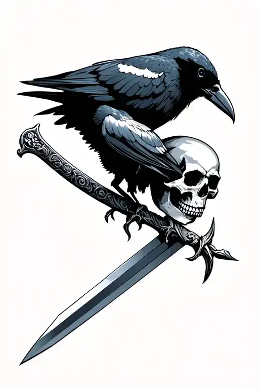 skull with crow and long sword tattoo design idea