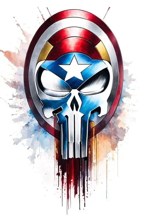 Captain America shield, Superman logo, punisher and Ironman logos all blended tattoo design idea