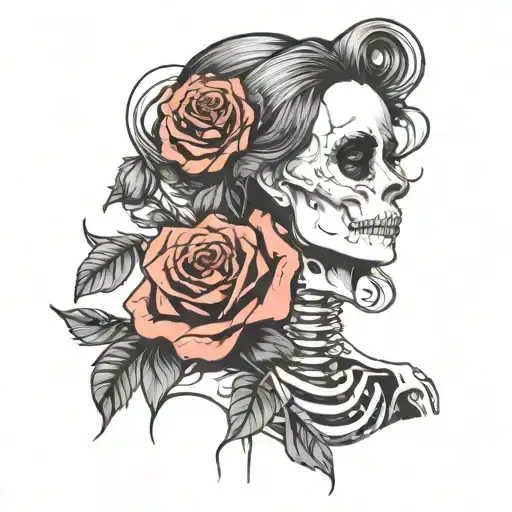 woman and skeleton and roses tattoo design idea