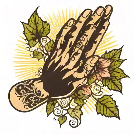 prayer hands with Ivy vines growing and sun rays shining behind tattoo design idea