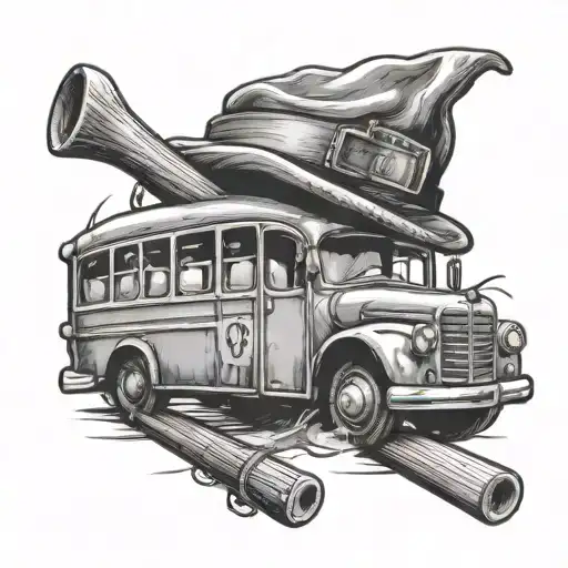 bingo, grandpa's hat, cane and bus tattoo design idea
