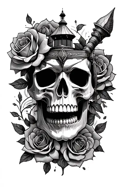 skull roses viking lighthouse mandala tattoo design idea