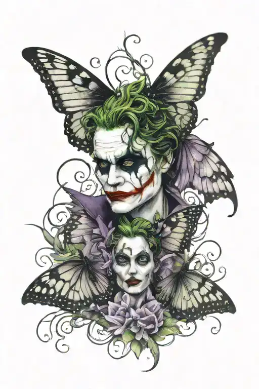 The Joker's face stylized on one wing of the butterfly and Maleficent on the other, with the semicolon in the center. tattoo design idea
