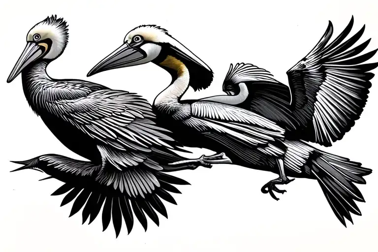 brown pelican and quetzal bird flying but two separate birds tattoo design idea