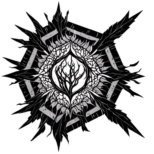 sharp hexagon with yggdrasil in centre in black and white tattoo design idea