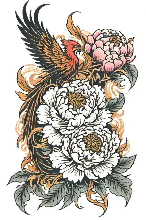 pheonix japanese peony flowers tattoo design idea