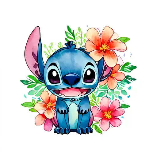 Stitch with kanoe flowers and ohana means family tattoo design idea