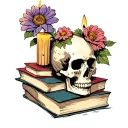 Skull with flowers next to it. Candle on top of skull with haphazard stack of books tattoo design idea