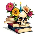 Skull with flowers next to it. Candle on top of skull with haphazard stack of books tattoo design idea