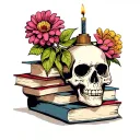 Skull with flowers next to it. Candle on top of skull with haphazard stack of books tattoo design idea