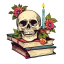 Skull with flowers next to it. Candle on top of skull with haphazard stack of books tattoo design idea
