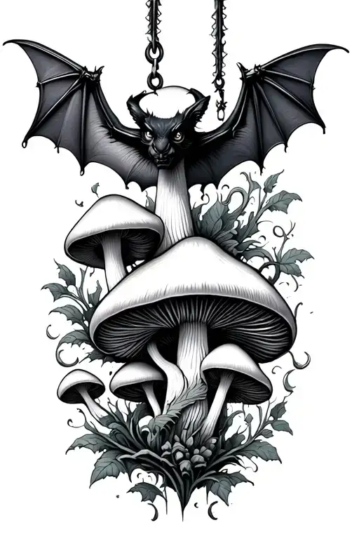 bat hanging upside mushrooms gothic inspired tattoo tattoo design idea