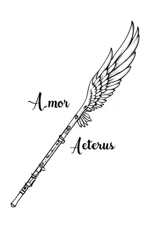 A flute in which it says amor aeterus in staright line and on the right side it has a wing and left side some nice desig tattoo design idea