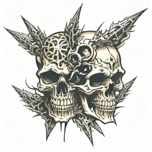 2 skulls facing each other with cyberstigilisim spikes  tattoo design idea