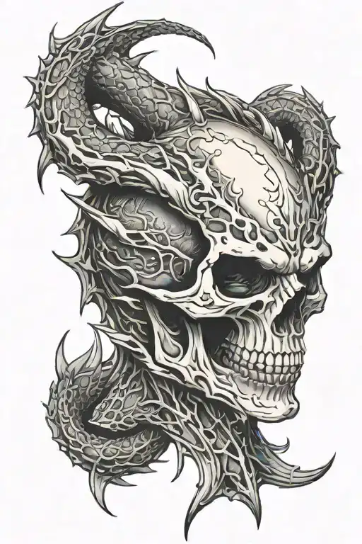 a sleeve of a dead skull dragon dark tattoo design idea